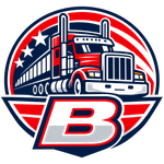 Red white and blue trucking logo with a semi-truck and large letter B
