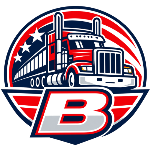 Red white and blue trucking logo with a semi-truck and large letter B