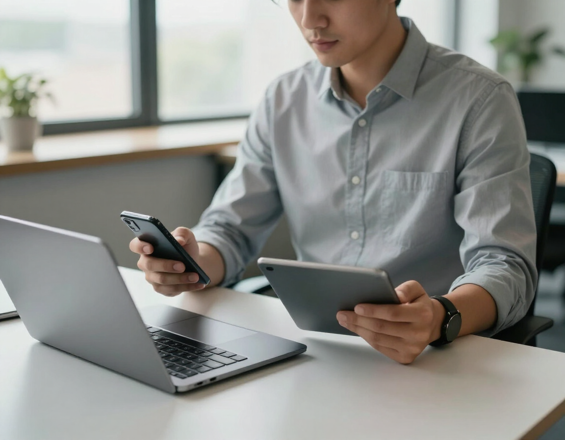 Professional using multiple devices in a modern coworking space