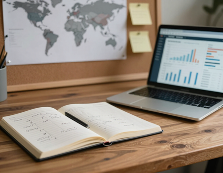 Founder's desk with time-tracking sketches and productivity dashboard