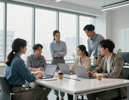 Diverse team collaborating in a bright modern workspace