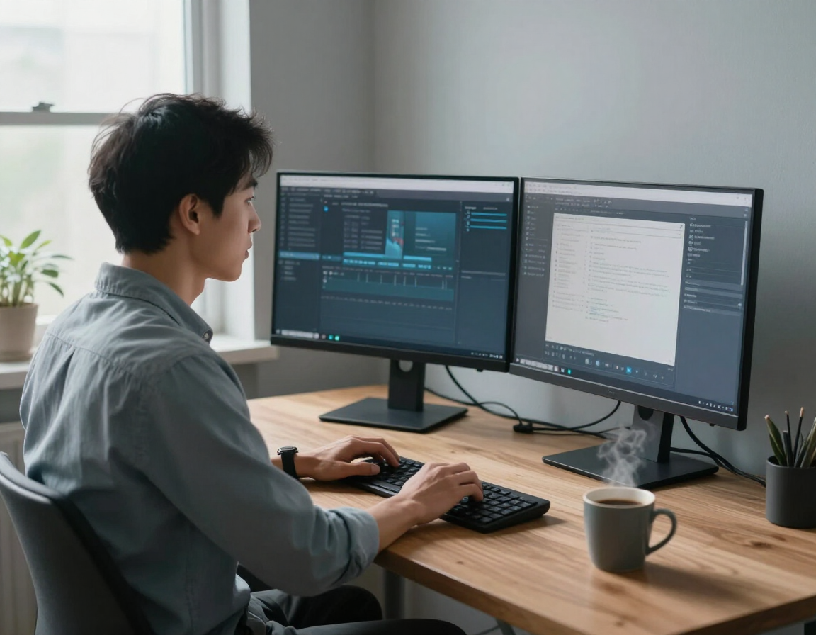 Remote worker at a clean home desk setup with dual monitors and natural light