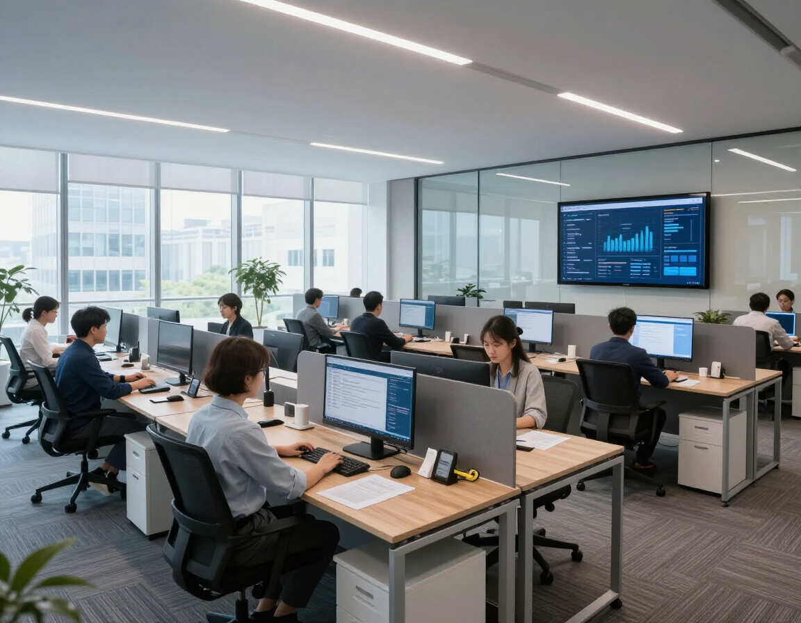 Modern corporate open-plan office with professional teams at workstations