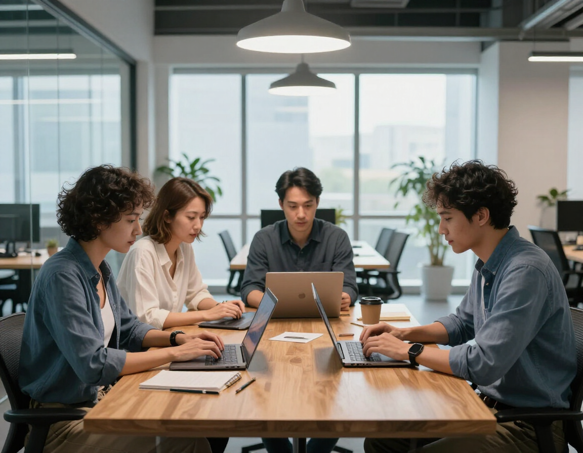 Small business team collaborating in a modern bright office space