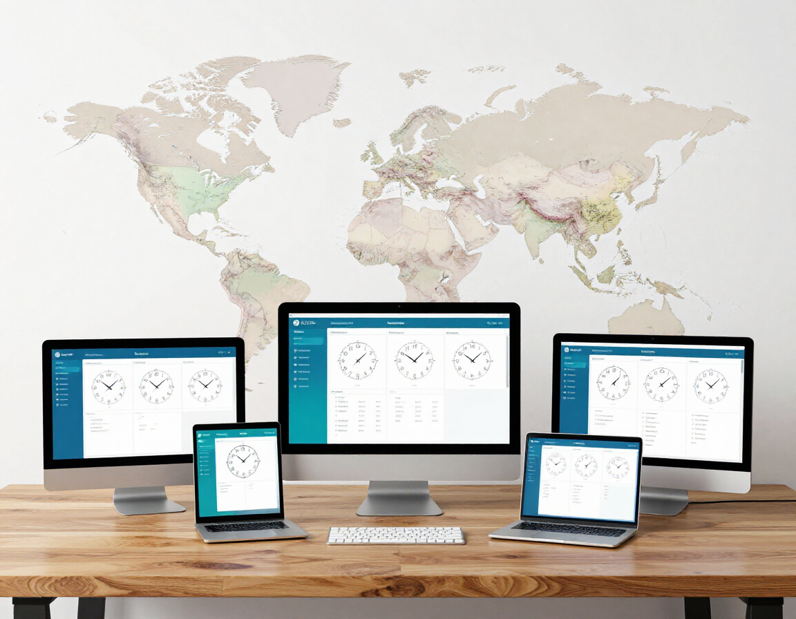 World map with multiple device screens showing different time zones and team dashboards