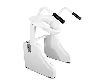 White wheelchair transfer lift with padded armrests and handles on a plain background