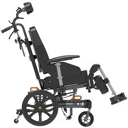 Black electric wheelchair with reclining seat and large rear wheels, shown in side view on white background