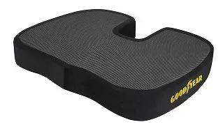 Black-and-gray cushioned seat pad with a contoured cutout and yellow Goodyear logo