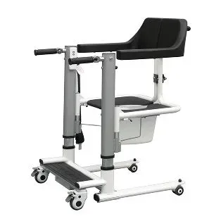 White medical lift chair with footplate and wheels on a plain background