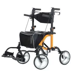 Black-and-orange rollator walker with seat, four wheels, and footrests on a white background