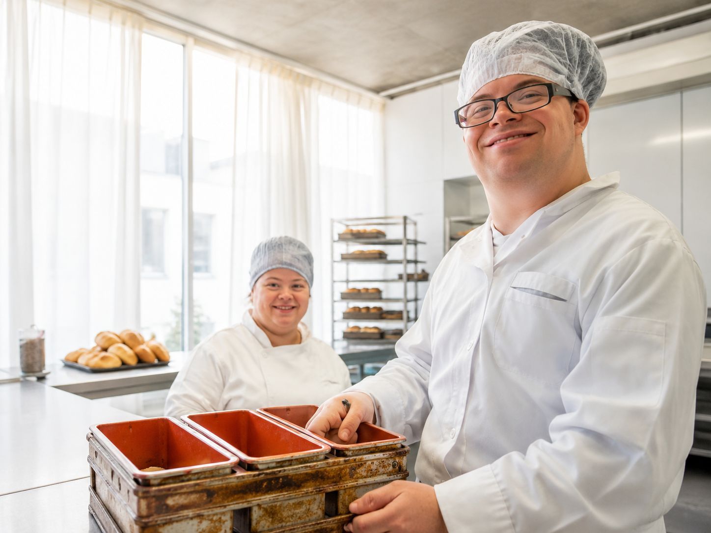 Bakery workers in white uniforms smiling beside trays of bright red ingredients