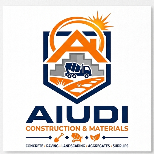 Logo for AIOUDI Construction & Materials featuring a house, cement truck, and a sun.