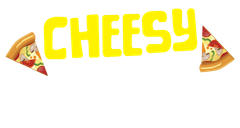 The word cheesy is on a white background with a slice of pizza