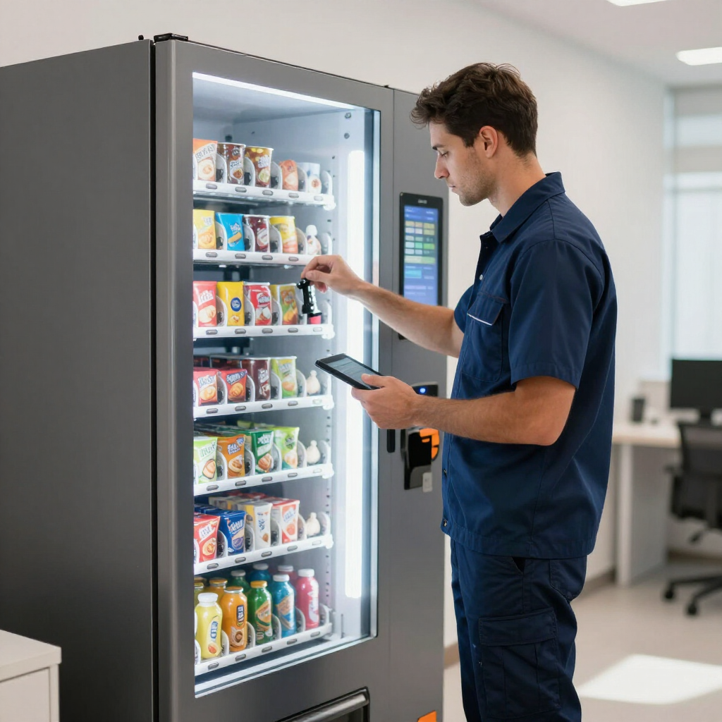 A person in a blue uniform interacts with a digital tablet while stocking items in a modern office vending machine.