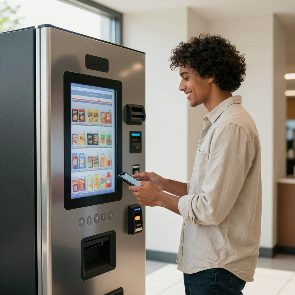 A person smiling while using their phone to make a contactless payment at a modern touchscreen vending machine.