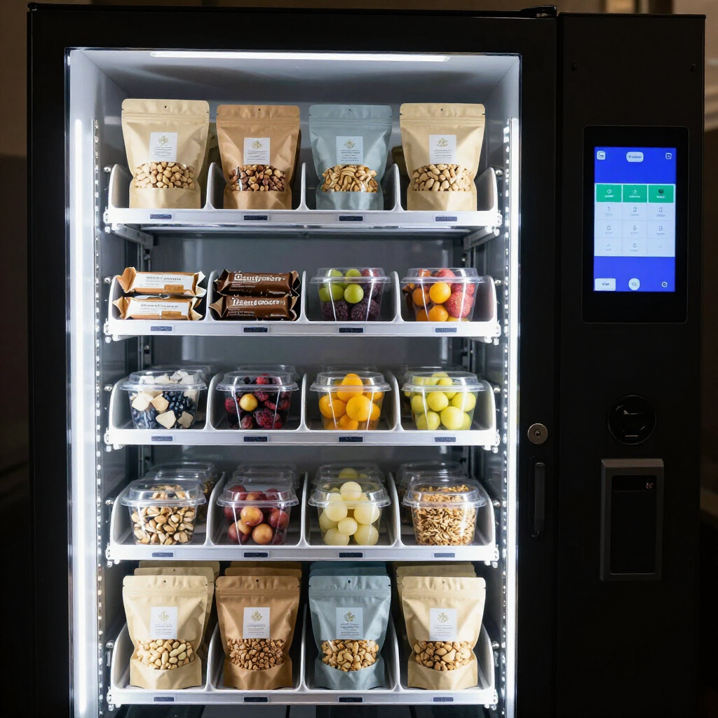 A black vending machine stocked with various packaged nuts and plastic containers of fresh fruit and berries.
