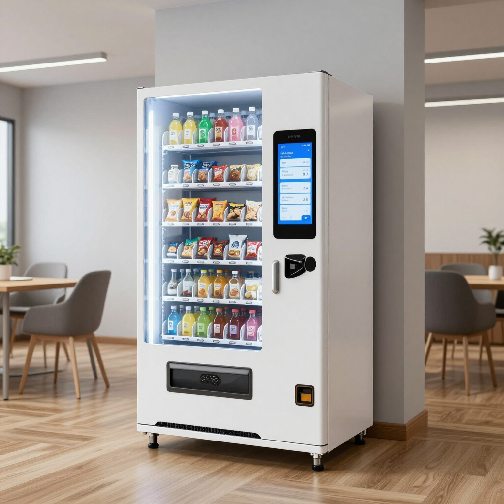 A white vending machine with a touch screen display and glass front filled with snacks and drinks in an office lobby.