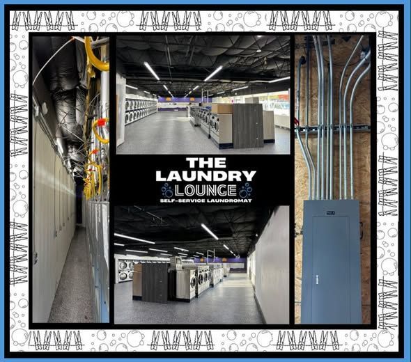 Laundry lounge sign over an industrial hallway with blue and gray walls and exposed pipes.
