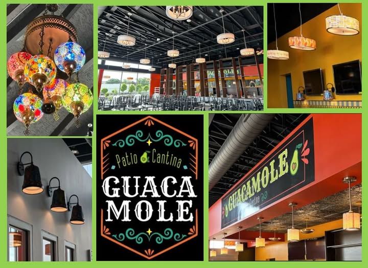 Collage of a vibrant Mexican restaurant interior with colorful decor, hanging lights, and “Guaca Mole” signage