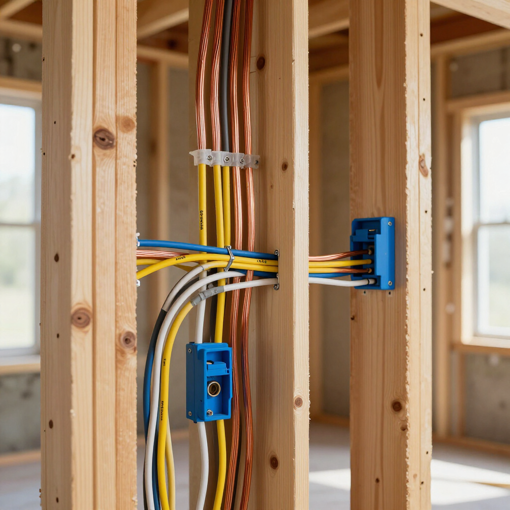 Electrical wiring and blue junction boxes installed inside unfinished wooden wall framing