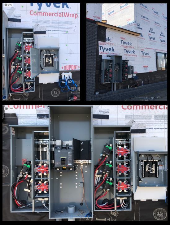 Utility work van with open electrical panels and equipment, shown in multiple exterior and interior views.