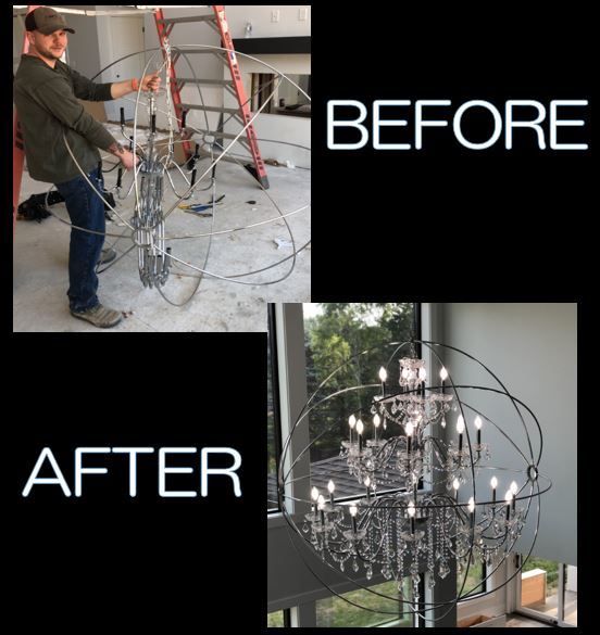 Before-and-after of a wire chandelier: unfinished in a workshop, finished hanging lit indoors.