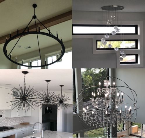 Collage of modern chandelier light fixtures in a home interior, including black and crystal designs