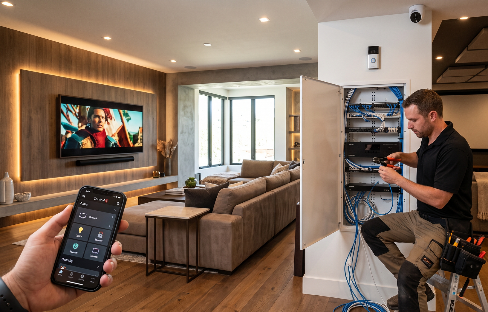 Smart home technician wiring a wall rack in a modern living room, while a phone controls the TV.