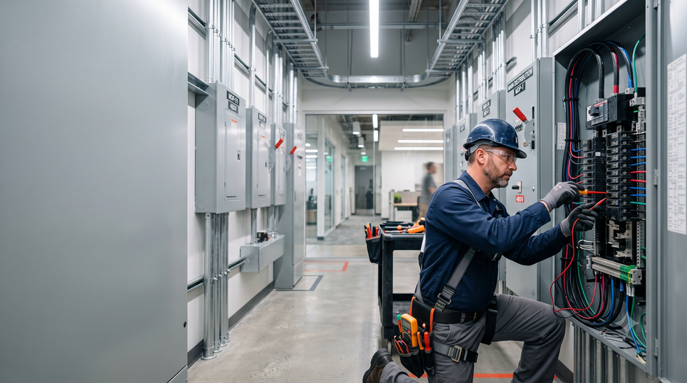 Technician wiring electrical control panels in a bright industrial equipment room