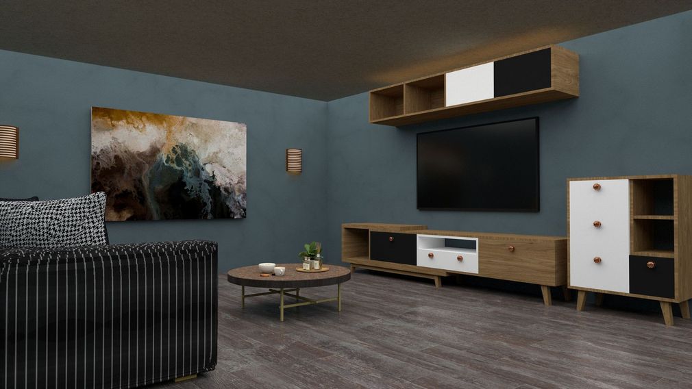 Modern living room with dark walls, striped sofa, abstract wall art, TV, wood shelving, and gray carpet.