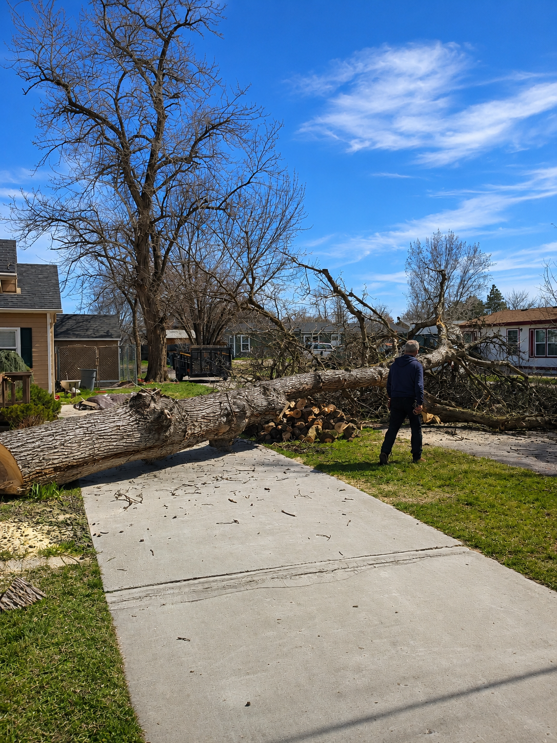 Fallen tree blocking a sidewalk in a residential neighborhood, with a person standing nearby.