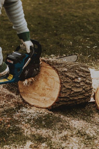 Person using a chainsaw to cut a log outdoors, with wood chips scattered on the ground.