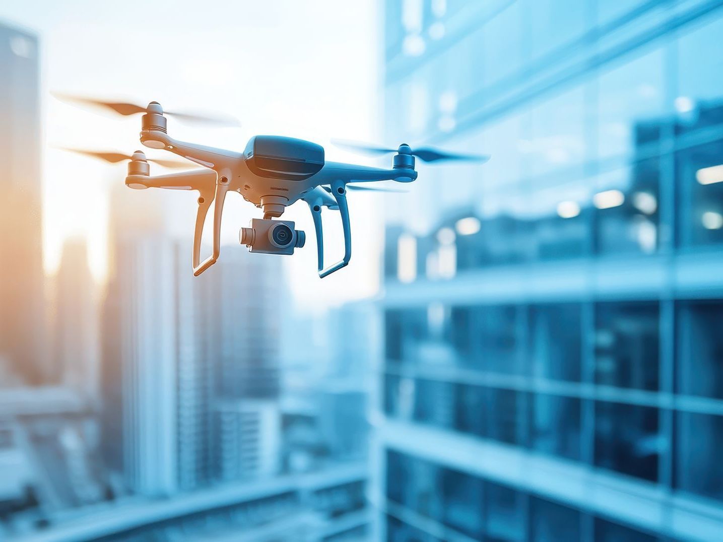 Drone flying near a tall modern building. Blue and white hues, sunlight.