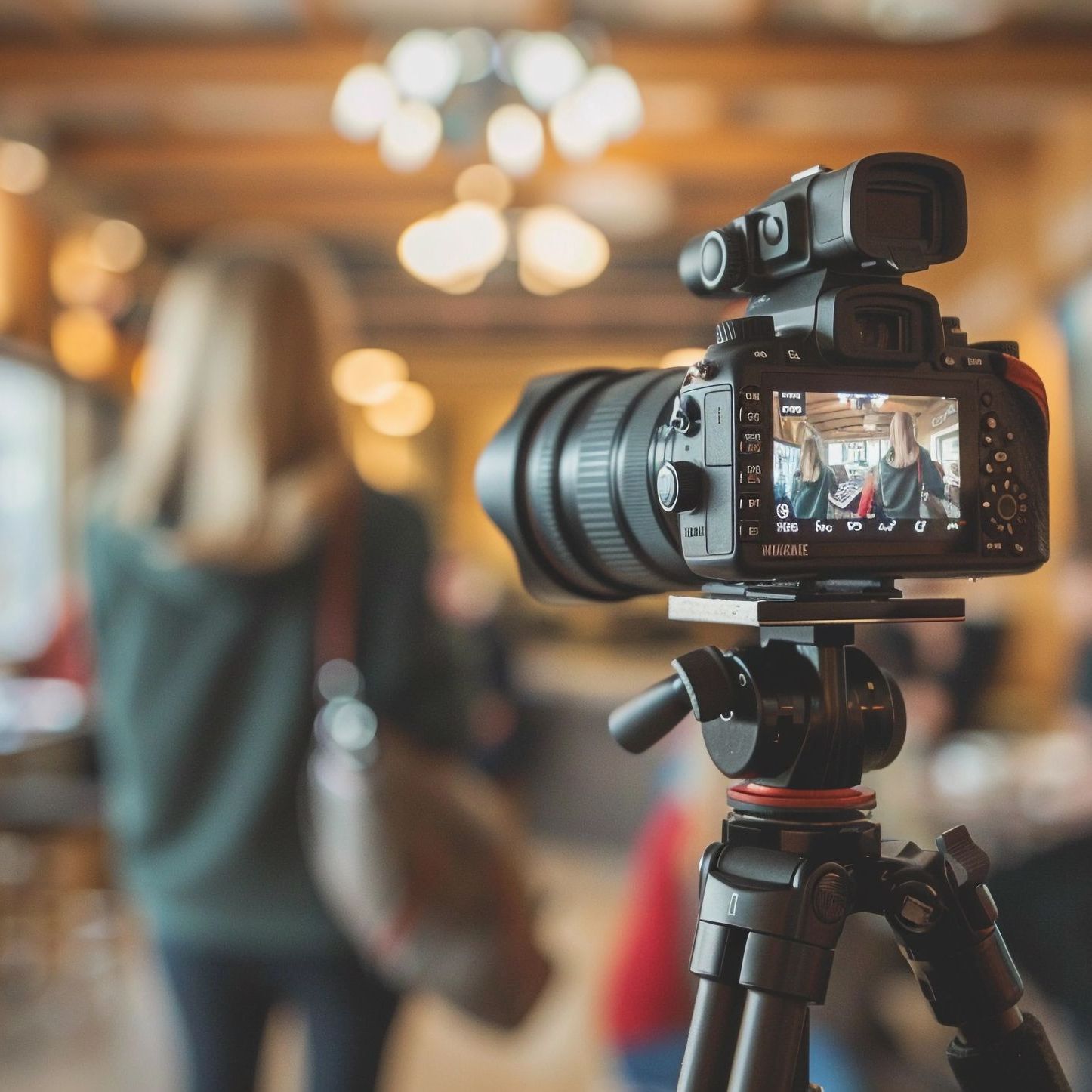 Camera on tripod filming a person in a restaurant.