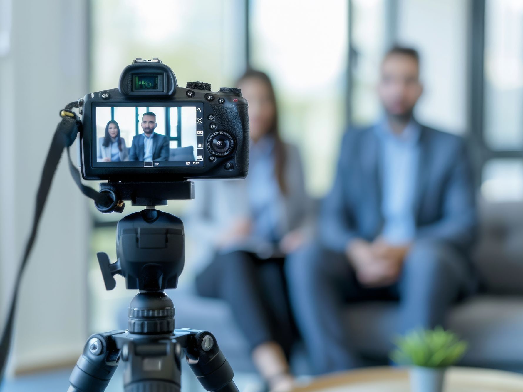 Camera on tripod filming two people in suits sitting on a couch in an office.