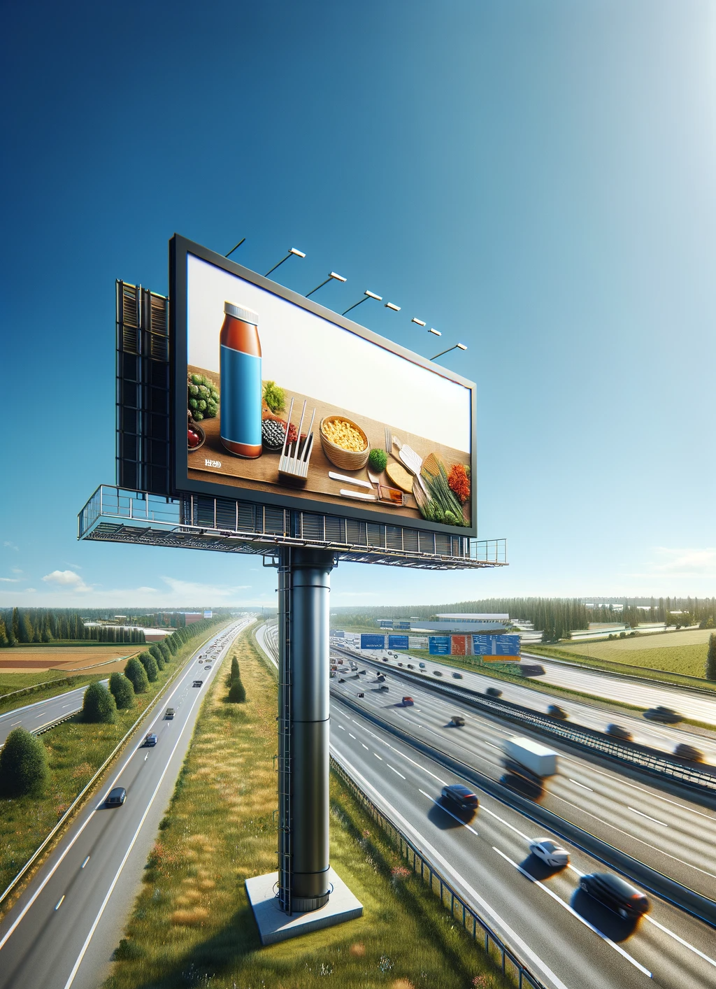 An aerial view of a billboard on top of a highway.