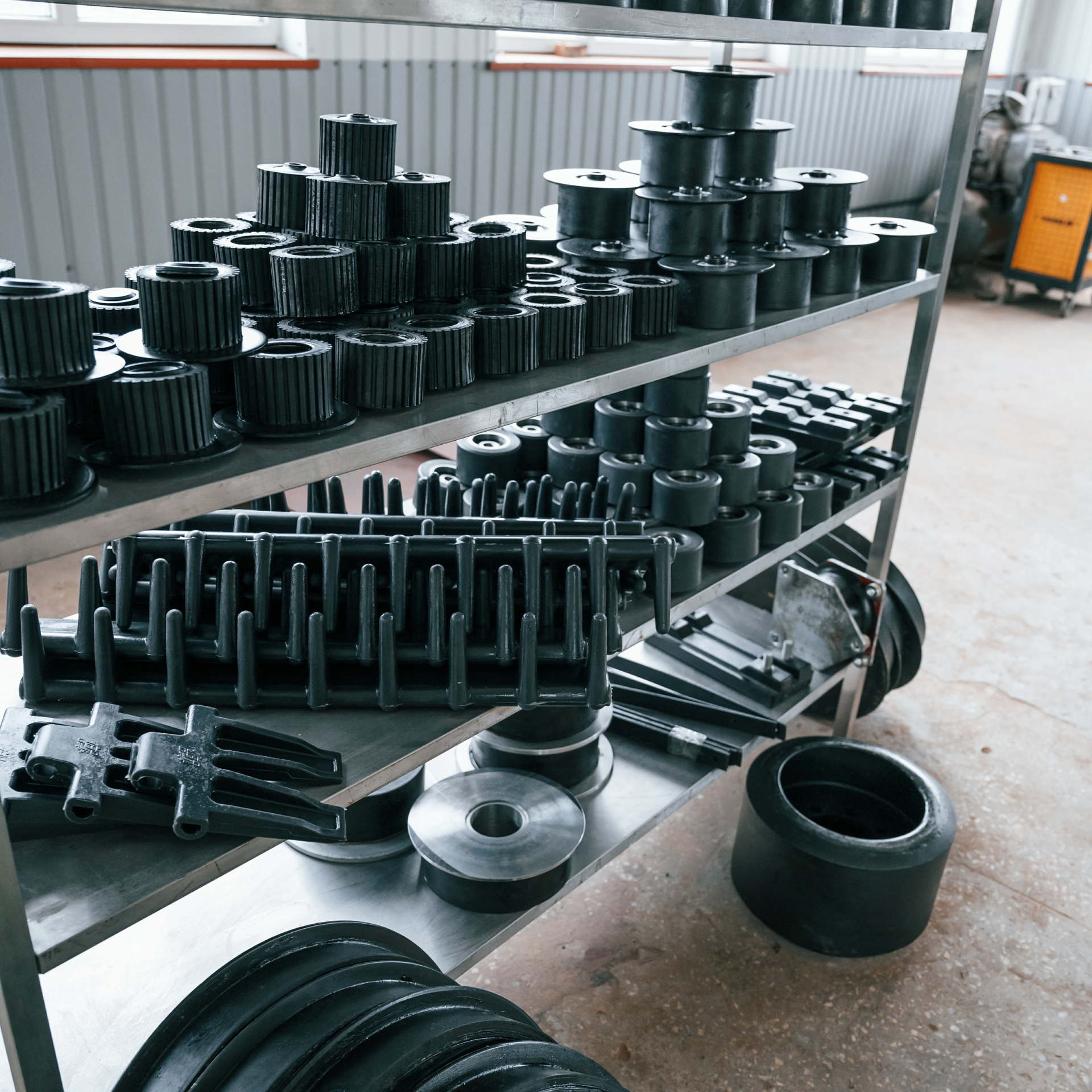 A shelf filled with many different types of rubber
