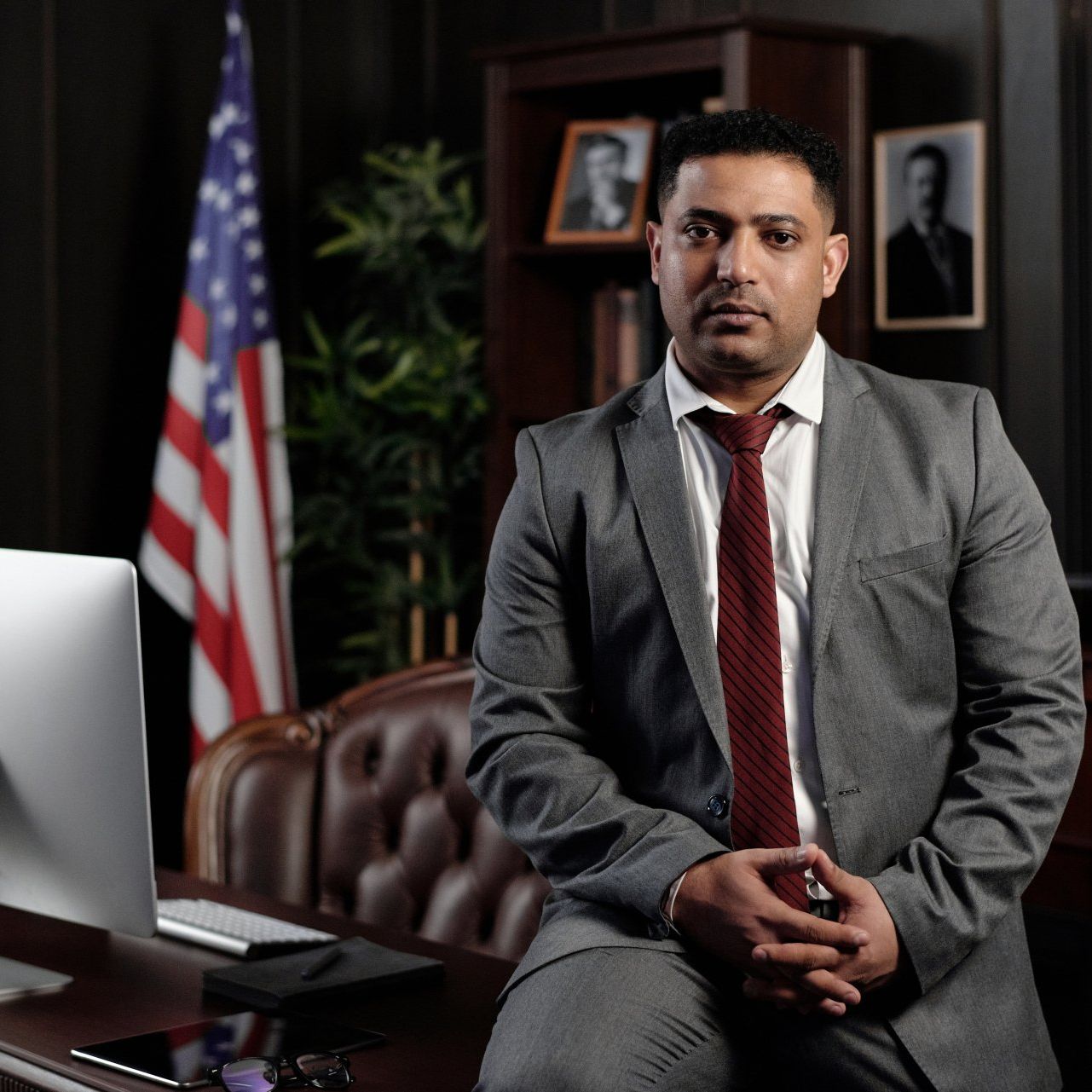 A man in a suit and tie is sitting in front of a computer