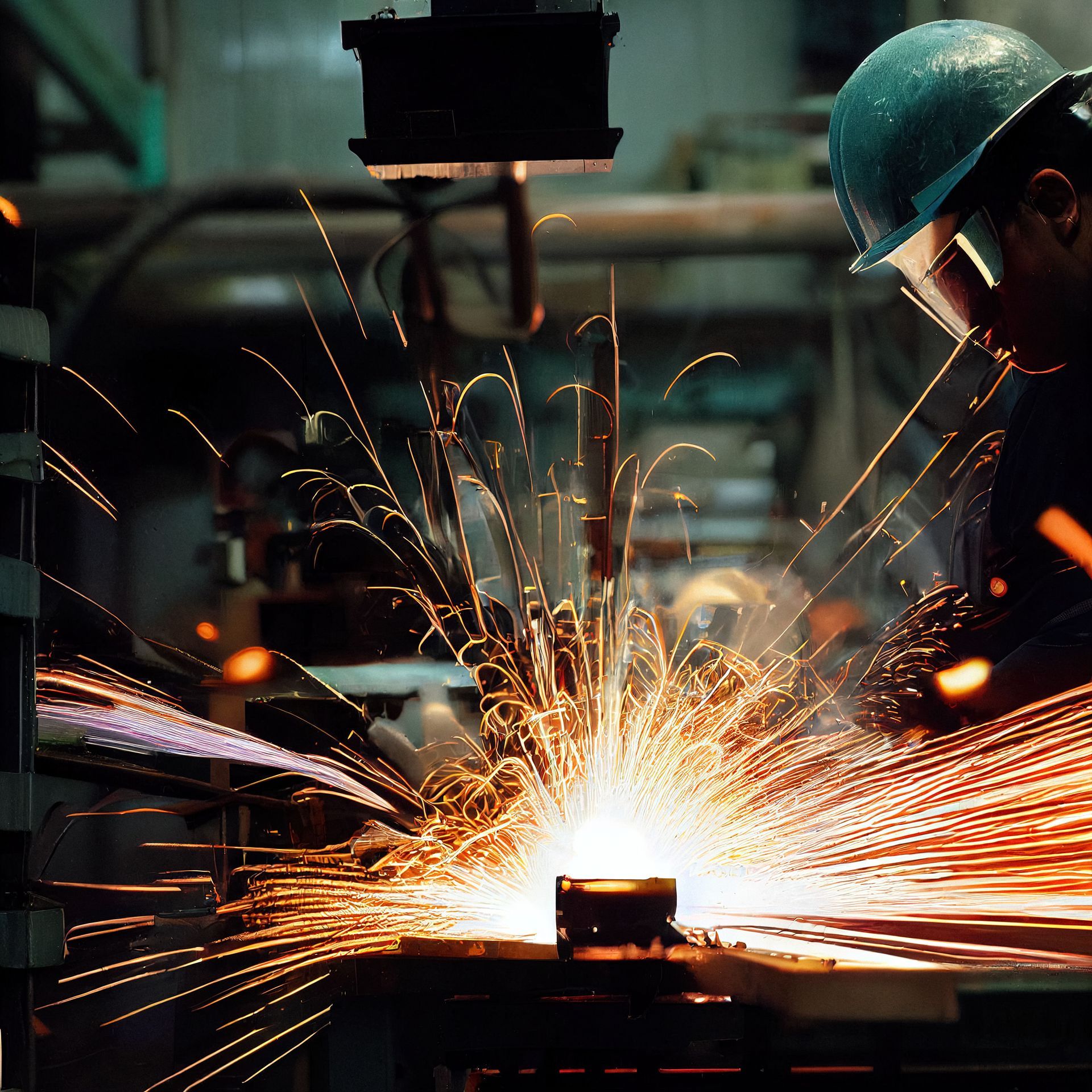 A man wearing a hard hat is welding a piece of metal