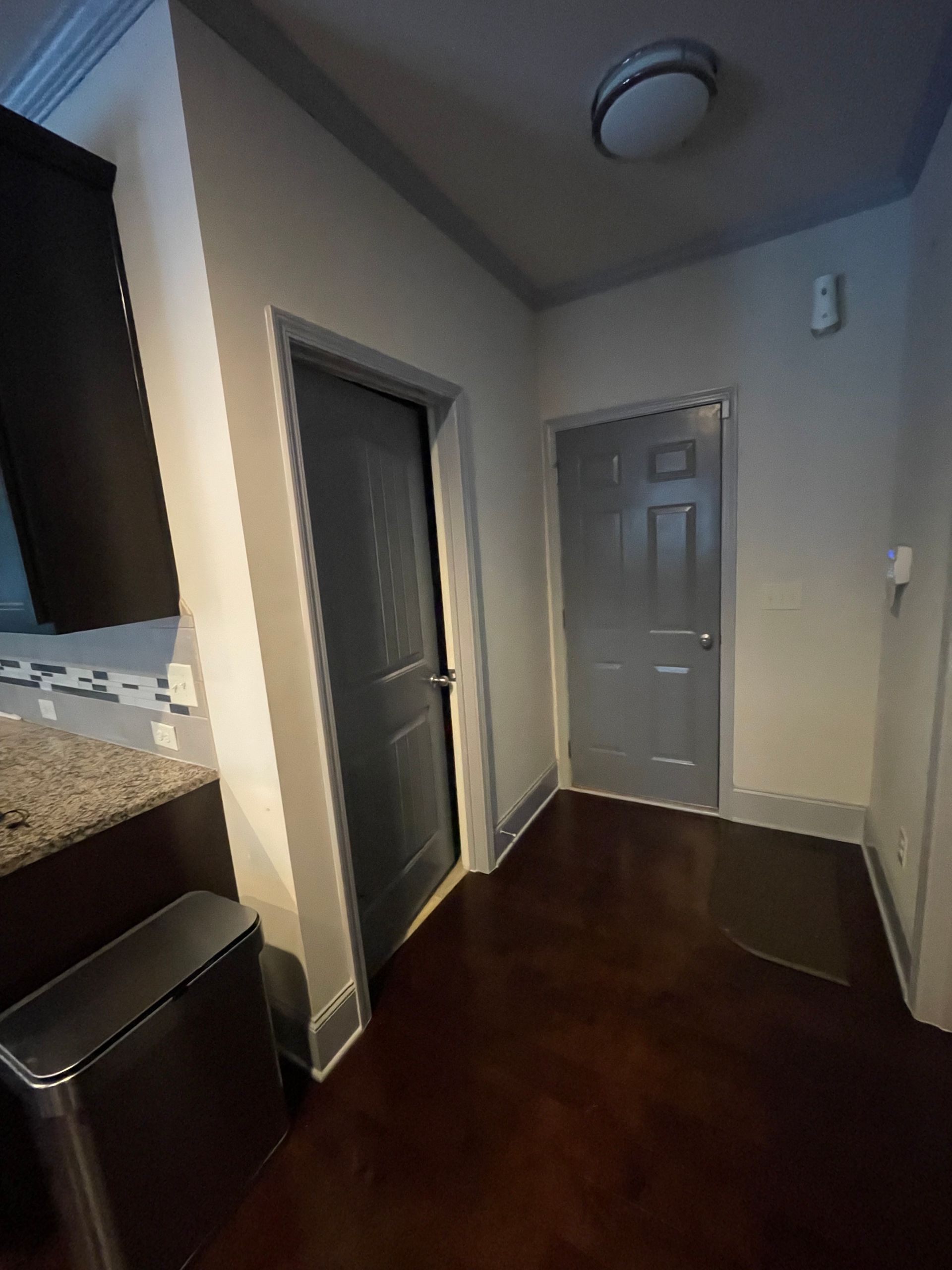 Dark hallway with two gray doors, a dark wood floor, and white walls. Dark hallway with two gray doors, a dark wood floor, and white walls.