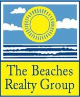A logo for the beaches realty group with a sun and ocean in the background.