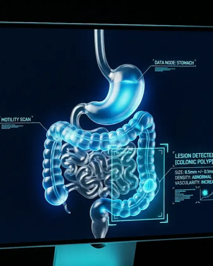 A digital screen shows a 3D medical visualization of a human digestive system, highlighting a detected colonic polyp.