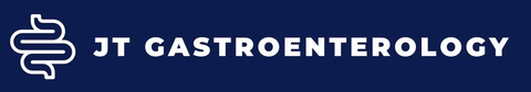 Logo for JT Gastroenterology, white text on dark blue background. Intestine graphic next to company name.