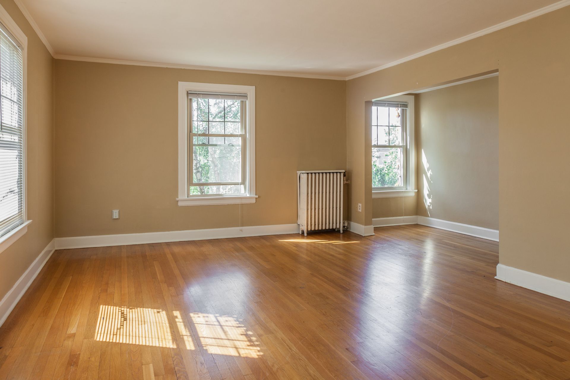 Empty room with hardwood floors, beige walls, and three windows.