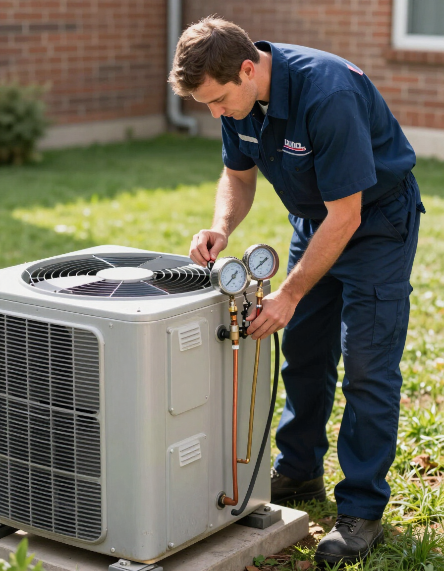 HVAC technician servicing a central air conditioning condenser