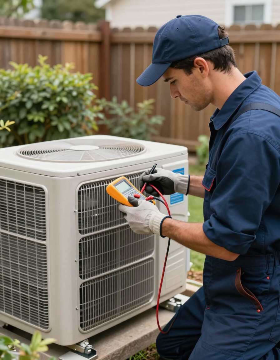 HVAC technician servicing a central air conditioning condenser