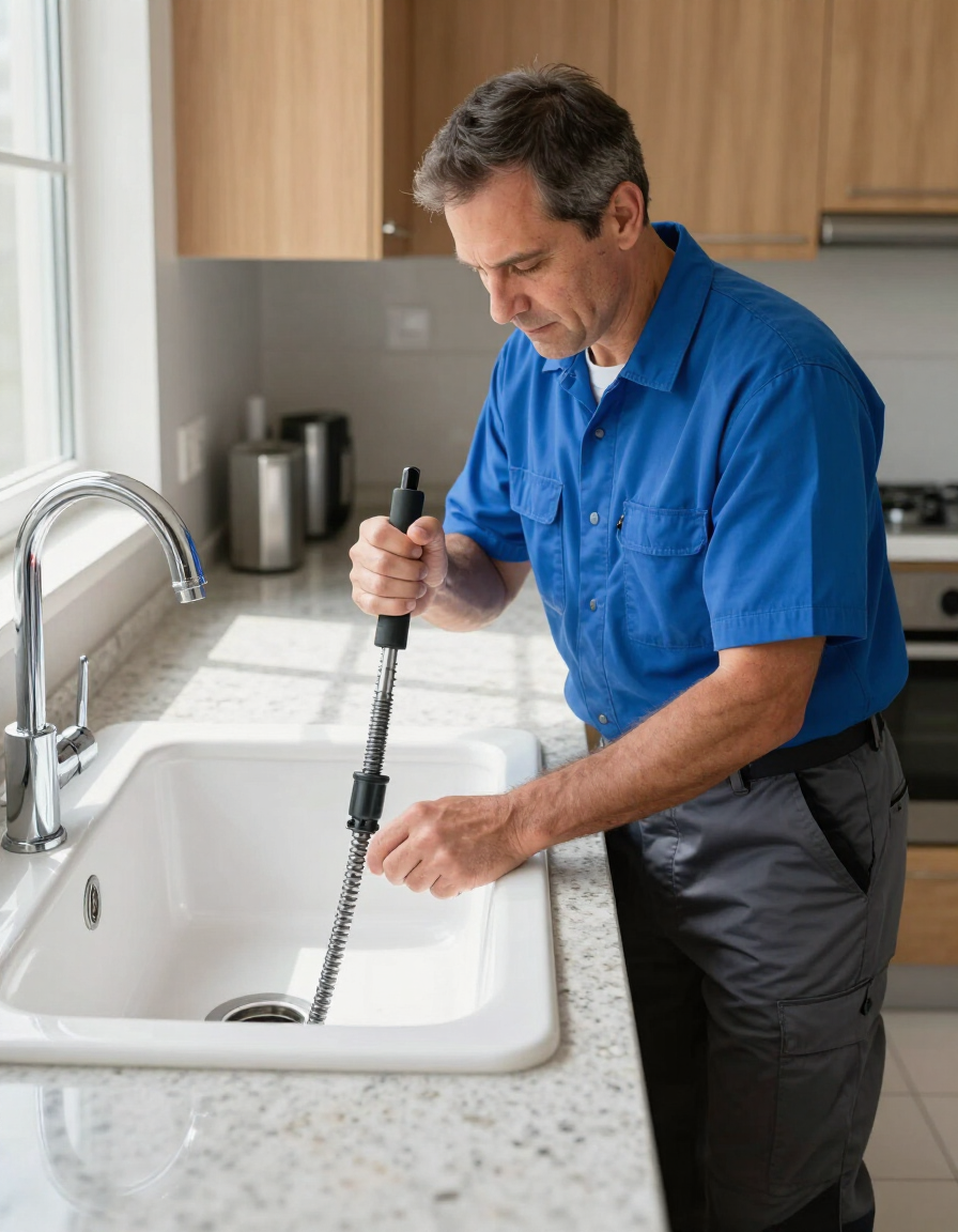 Plumber using a drain snake to clear a kitchen sink clog