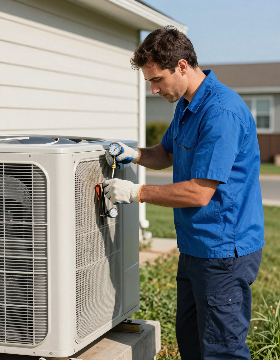 HVAC technician servicing a central air conditioning condenser
