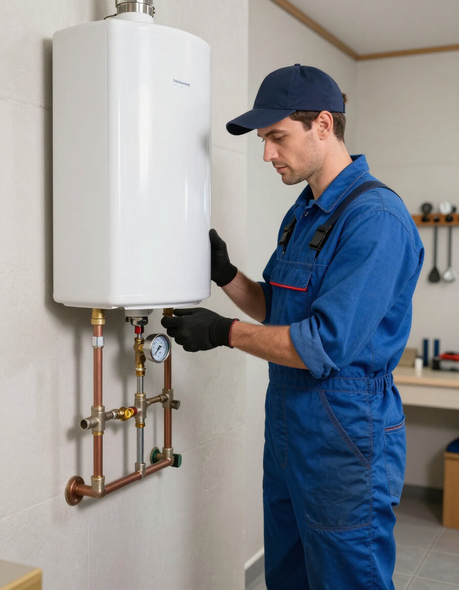Plumber checking a water heater temperature gauge