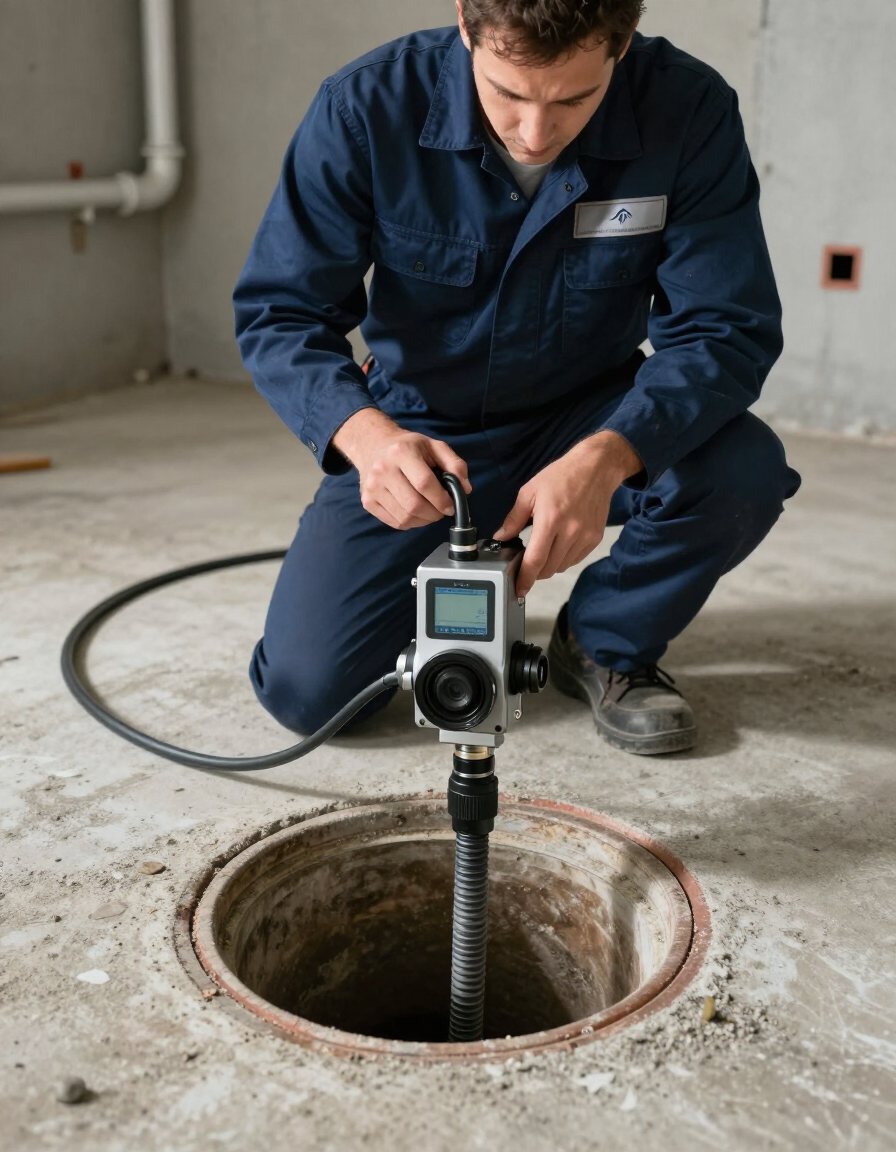 Plumber operating sewer camera inspection equipment